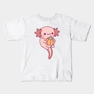 Cute Axolotl With Pumpkin Autumn Leaves Gills Kids T-Shirt